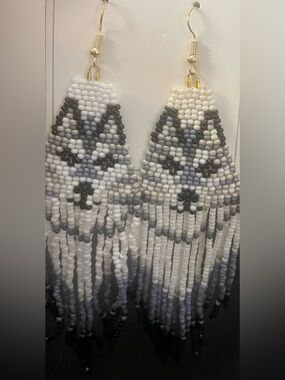 Black, White and Gray Beaded Fringe Coyote Earrings NEW